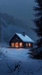 Wall Mural - Silhouette of a snow-covered cabin with Christmas lights glowing in the windows.