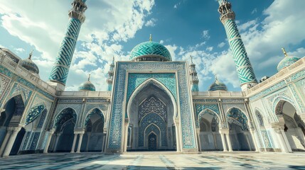 Wall Mural - Stunning architectural view of a mosque featuring intricate tile work and majestic minarets under a clear blue sky.