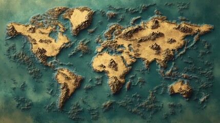  3D Stylized World Map with Golden Continents and Teal Oceans