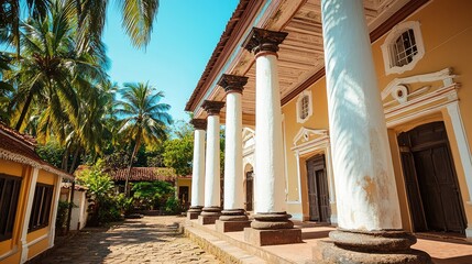 Wall Mural - Stunning view of a historical building featuring grand columns, lush greenery, and a serene pathway under a clear blue sky.