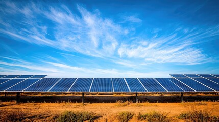 Vast solar panel array under a bright blue sky, showcasing renewable energy technology and sustainable energy production.