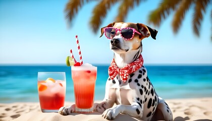 Poster - Chill Vibes: Dalmatian Dog Enjoys a Cocktail by the Seaside in a Relaxing Holiday Scene