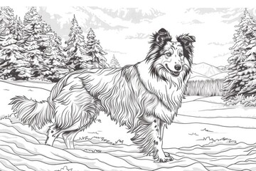 Coloring book illustration of a Rough Collie in a winter landscape