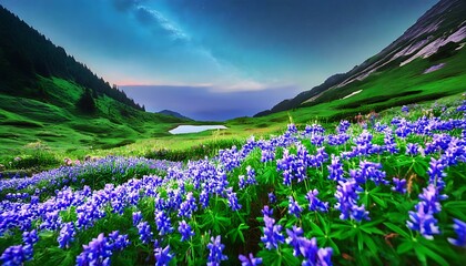 Wall Mural - Nature beauty, wildflowers on hill, starry sky and milky way, serene countryside.