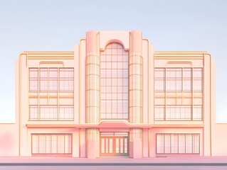 Wall Mural - Minimalist pastel distillery with an elegant art deco inspired symmetrical facade soft lighting and a architectural showcasing the movement s influence on the urban cityscape design