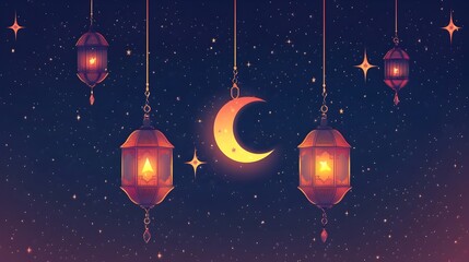 Elegant and traditional Ramadan lanterns with crescent moon and shining stars in a flat design This image showcases the festive and spiritual elements of the Ramadan