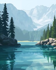 Wall Mural - Tranquil mountain lake scene with snow-capped peaks, dense forest, and clear blue water.