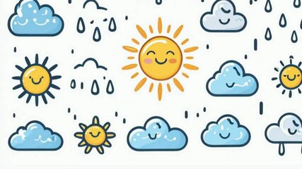 cute hand-drawn weather icons with smiling sun and clouds. cute doodle icons of stars, sun, clouds, 