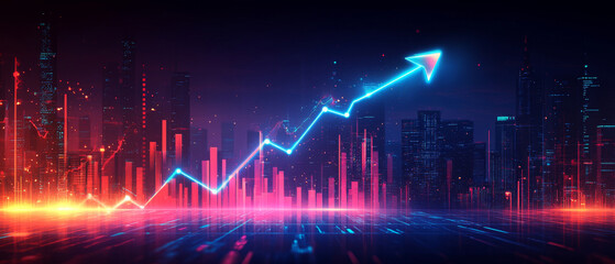 Wall Mural - The striking city skyline is illuminated with colorful lights, showcasing a glowing upward trend line that symbolizes growth in a futuristic financial market at night