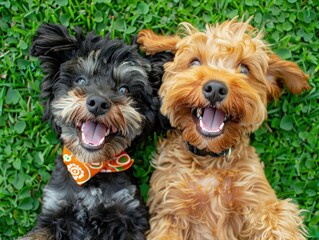 Poster - Two happy dogs lying on their backs in the grass. AI.