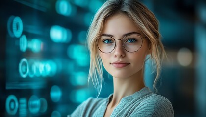 Aufkleber - Blonde Caucasian data analyst in IT, with data flow elements in the background, highlighting a professional business female, ample copy space for content