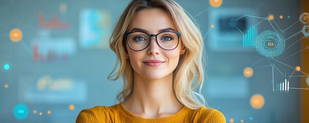 Aufkleber - Blonde Caucasian woman data analyst in IT with data flow elements around her, showcasing a professional business demeanor, with room for text