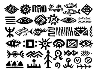  Set of abstract African, aztec tribal geometric shapes, ancient ethnic traditional symbols and ornate signs. Hand-drawn oriental elements in doodle style. Isolated colored flat vector illustrations