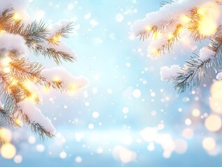 Cozy Winter Charm: Snow-Covered Pine Branch with Glowing Fairy Lights – Perfect for a Soft Pastel Blue Poster in Any Winter-Themed Interior or Cozy Retreat Space