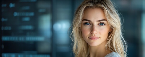 Aufkleber - Portrait of a professional blonde Caucasian woman in IT, with data flow visuals, emphasizing her role as a data analyst, and clear copy space