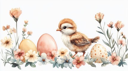 Easter festive flower decor with eggs and chick. Watercolor illustration. Baby bird, colored eggs, garden flowers vintage style decoration. Happy Easter floral decorative hand drawn element 