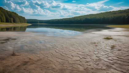 Wall Mural - Cracked Earth of a Dried Lakebed Leading to a Forest-Lined Lake Beneath a Bright Blue Sky and Fluffy White Clouds