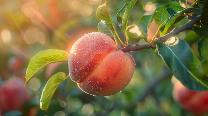 Ripe Peach with Dew Drops on a Tree Branch