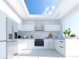 Bright and airy modern kitchen with white cabinets state of the art appliances and an expansive skylight window framing the blue sky