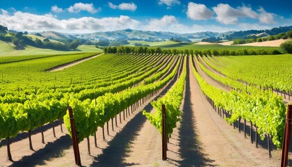 Sticker - Vast vineyards under a bright blue sky with rolling hills in the background