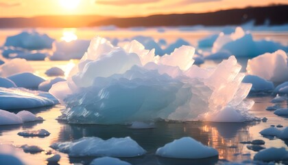 Wall Mural - Ice crystals shimmering on water, illuminated by the warm glow of a setting sun