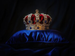 Majestic Crown Display: A Stunning Poster for Sports Interior Design, Featuring a Regal Crown on Deep Blue Satin, Illuminated with Ethereal Lighting Against a Luxurious Black Backdrop