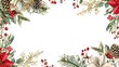 © lanters_fla - A white background with a red and green Christmas tree and red berries. Decorative watercolor frame for cards, invitations, banners