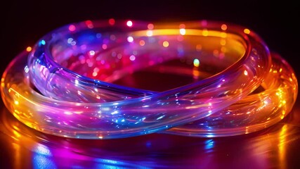 Fototapete - Glowing LED tubes with bright blue and orange lights curve on a reflective surface.