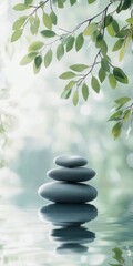 Wall Mural - A series of three rocks are sitting on top of a body of water. The scene is peaceful and serene, with the rocks representing stability and the water representing tranquility