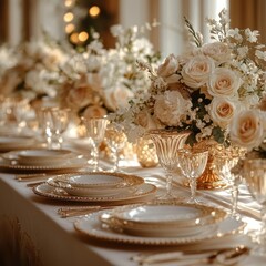 elegant and sophisticated table setting with white roses, gold r