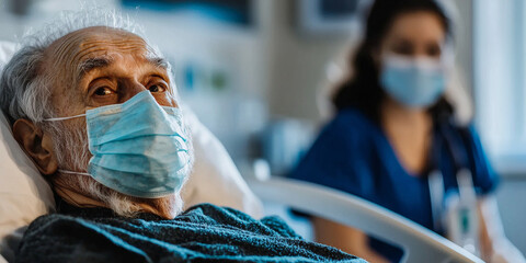 Elderly man wearing a face mask lying in a hospital bed, generative AI