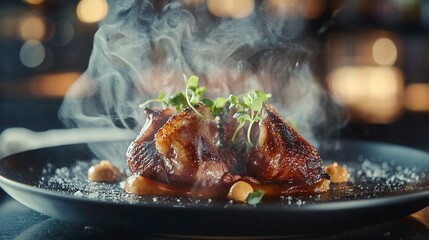 Grilled duck confitduck , garnish with micro herbs, aesthetic plating great for restaurant menu book or content marketing gallery. Close up food and selective focus .generative ai