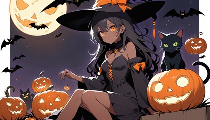 illustration of a Halloween night with moon and pumpkin background