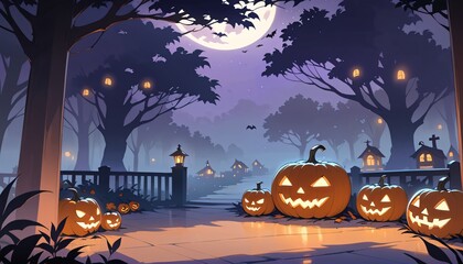 illustration of a Halloween night with moon and pumpkin background