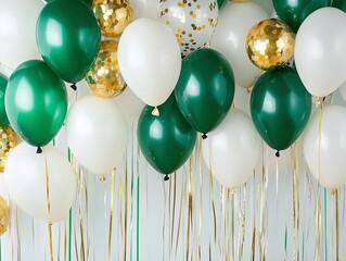 Cheerful Green and White Balloon Arrangement with Gold Confetti: Perfect Poster for Celebrations or Sporty Interior Décor