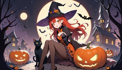 illustration of a Halloween night with moon and pumpkin background