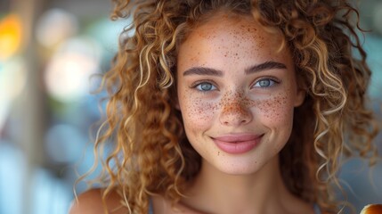 Wall Mural - A woman with curly hair and a blue eye is smiling