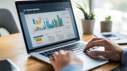 A person analyzing data on a laptop computer with charts and graphs on the screen.