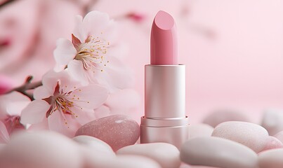 Tube of delicate pink lipstick resting on smooth stone, Generative AI 