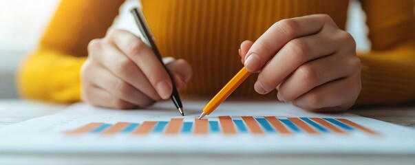 Close-up of hands using pens on a chart, highlighting data analysis and business strategy in a modern office setting.