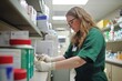 © Luxetify - A pharmacist in a green scrub top, wearing gloves, carefully organizing pills on a shelf.