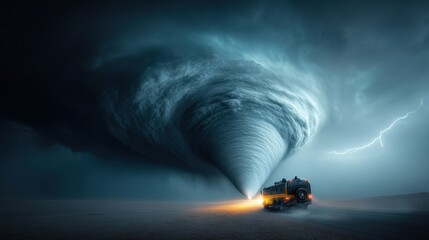 Wall Mural - A large, swirling storm with a fire truck in the middle of it