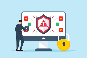 Flat illustration of hacker attempting breach while security system blocks access with red alert