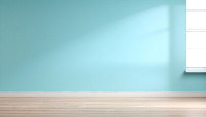 Wall Mural - Minimalist light blue backdrop with soft shadows and window light on textured plaster wall for product showcase