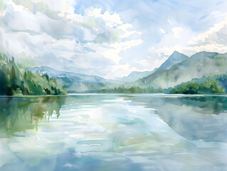 Peaceful lake reflecting mountains, trees, and a vibrant sky in soft watercolor hues.