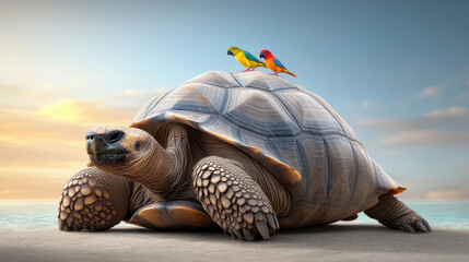 Turtle with two colorful parrots resting on its shell, beach background