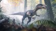 © Luxetify - A realistic velociraptor dinosaur running through a foggy forest with leaves on the ground.