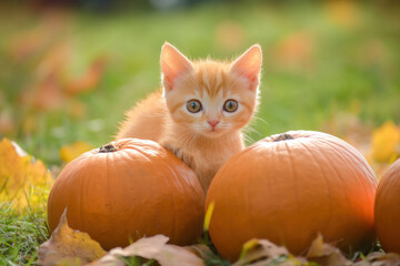 Cute red kitten between autumn leaves and pu