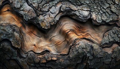 A close-up of a tree trunk's bark, featuring a unique and abstract wave pattern.