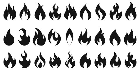 fire icon set flames flammable sign symbol black vcetor buttons light ignite burn hot silhouette vet